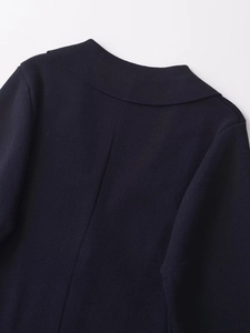 Detail of navy blue knitted cardigan showing the collar and textured vertical stitching