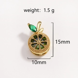 Golden citrus fruit slice pendant necklace with green zircons and detailed measurements