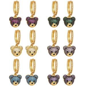 Cute Bear Head Dangle Earrings Copper Gold Plated Micro Pave Zircon Huggie Hoops Fashion Animal Jewelry For Women