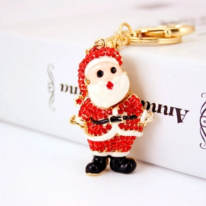 Santa Claus Keychain Sparkling Red Rhinestone Enamel Zinc Alloy Gold Tone Festive Christmas Bag Charm Novelty Gift Kids