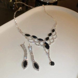 Elegant Dark Style Alloy Rhinestone Necklace And Earrings With Black Marquise Stones Tassel Fringe Luxury Jewelry For Women