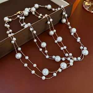Double-layer gold plated vintage pearl necklace with mixed metal chains for women