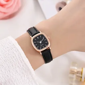 Minimalist square quartz watch for women featuring rose gold case and black leather strap