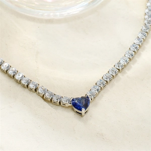 Luxury Copper Zirconia Heart Pendant Necklace Blue Crystal Tennis Chain For Women Delicate Fashion Jewelry Valentine Gift