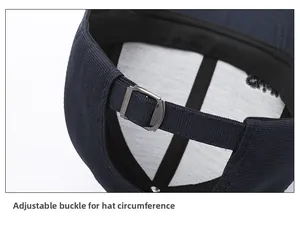 Detail of adjustable metal buckle and fabric strap on a navy blue baseball cap