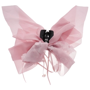 Pinza per capelli a farfalla in organza rosa con fiori e nappine a nastro lungo