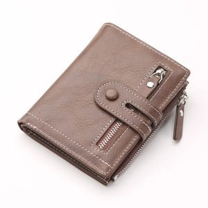 Men's slim bi-fold dark brown leather wallet with secure zipper and snap closure