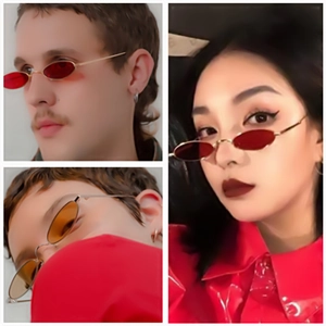 Three models showcasing retro oval mini sunglasses with gold metal frames and tinted lenses