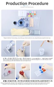 Macro detail of DIY resin kit showing 3:1 ratio mixing process and silicone molds