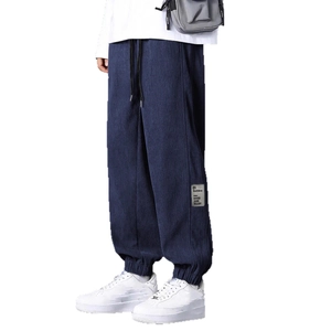 Deep blue corduroy cargo pants for men with drawstring waist and relaxed jogger fit