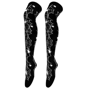 Detail view of black thigh-high stockings with white spider web and spider pattern.