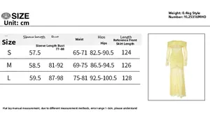 Size chart showing bust, waist, and hip measurements for this long sleeve lace dress