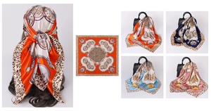 Close-up of a 90cm square scarf with vintage leopard and pocket watch prints in four colors