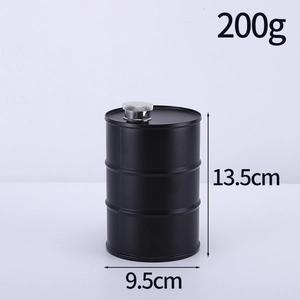 Detail showing 750ml oil barrel hip flask dimensions: 13.5cm height and 9.5cm diameter