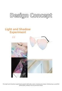 Detail of heart-shaped sunglasses with pink-blue gradient lenses and rose gold metal frame
