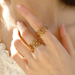 French Style Stainless Steel Multi Layer Open Ring For Women PVD 18K Gold Plated Rhinestone Geometric Adjustable Finger Ring Jewelry