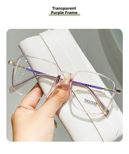 Detail of transparent purple eyewear frame with golden accents and UV400 blue light lenses