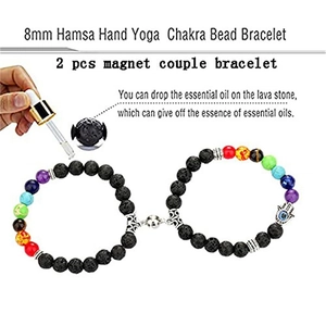 Set of 2 natural stone magnetic heart bracelets with 8mm lava beads for couples