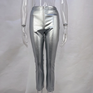 Detail showing high waist silver PU leather pants with front metal zipper closure