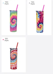 Detailed views of tie-dye stainless steel skinny tumblers in patterns TD1, TD4, and TD5