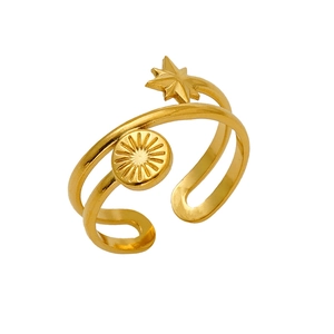Chic gold titanium steel double layer ring with sunburst and star charms for women