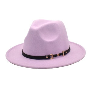 Classic light purple wool fedora hat with flat brim and black belt buckle detailing