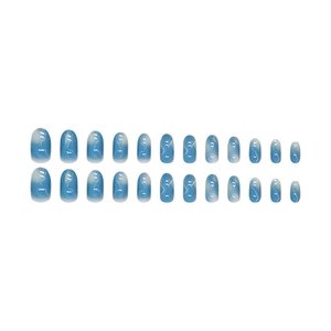 Set of 24 blue gradient press-on nails arranged neatly on a clean white background