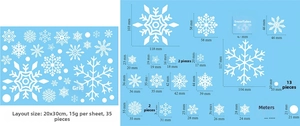 Layout mit 35 weißen Schneeflocken-Fensteraufklebern und detaillierten Größenangaben