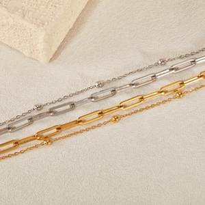 Double-layered stainless steel bracelet with paperclip and satellite bead chains