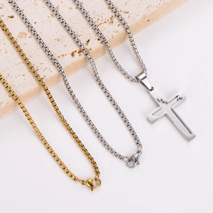 Polished gold and silver stainless steel cross pendant necklace with engraved scripture