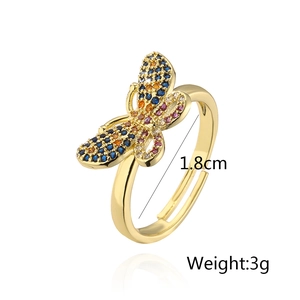 Macro detail of 18K gold-plated butterfly ring with diameter and weight measurements