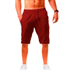 Detailed view of dark red breathable cotton linen shorts with adjustable drawstring waist