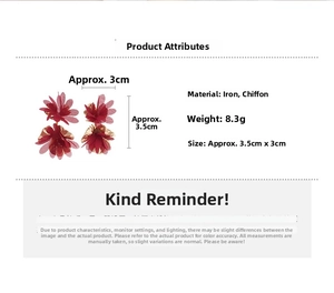 Detailed size and weight specs for burgundy chiffon flower C-shape stud earrings