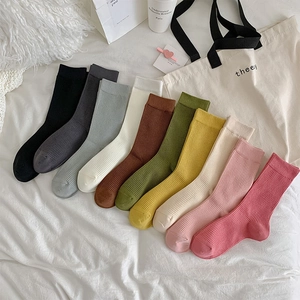 Women Cotton Ribbed Crew Socks Solid Color Breathable Soft Casual Japanese Style Elastic Mid Tube Comfort