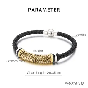 Bracelet tressé en cuir pour homme avec chaîne en acier doré et fermoir magnétique