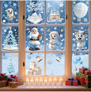 Détail des stickers de Noël pour fenêtre avec Père Noël, bonhomme de neige et sapin