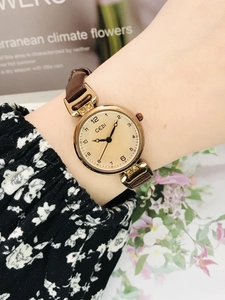 Detail of GEDI vintage small round watch with rose gold case and brown leather strap