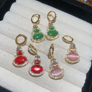 Elegant 14k gold plated gourd drop earrings with colorful resin and zircon in velvet box
