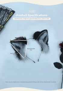 Detailed size chart for black grey faux fur cat ears headband for cosplay parties