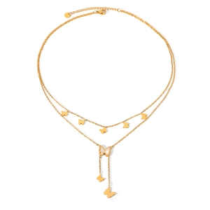 Detail view of double-layered gold butterfly necklace with white shell inlay pendant