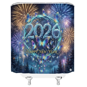 3D Digital 2026 Happy New Year shower curtain with blue butterfly and firework patterns