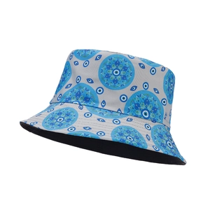 Vintage sun bucket hat for women with blue mandala print and protective evil eye pattern