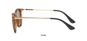 Detail view of oval tortoise sunglasses with golden metal temples and dark brown lenses