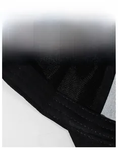 Detail of the widened sweatband on a black mesh baseball cap with breathable fabric