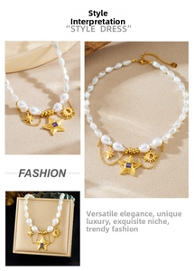 Detailed macro view of retro pearl necklace with gold star and purple gemstone charms