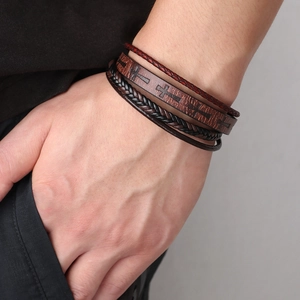 Multilayer Braided Leather Bracelet With Alloy Cross Charm Retro Style For Men Magnetic Clasp