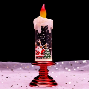 Macro detail of Christmas lantern featuring Santa scene with swirling liquid and glitter