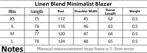 Size guide for women's minimalist linen blend blazer with length and chest measurements