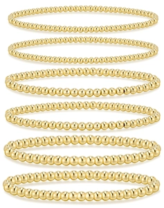 Dettaglio di 6 bracciali elastici con perline dorate impilabili da donna in layout verticale