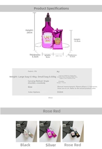 Detailed size chart and material specs for creative PU sauce-bottle crossbody bag